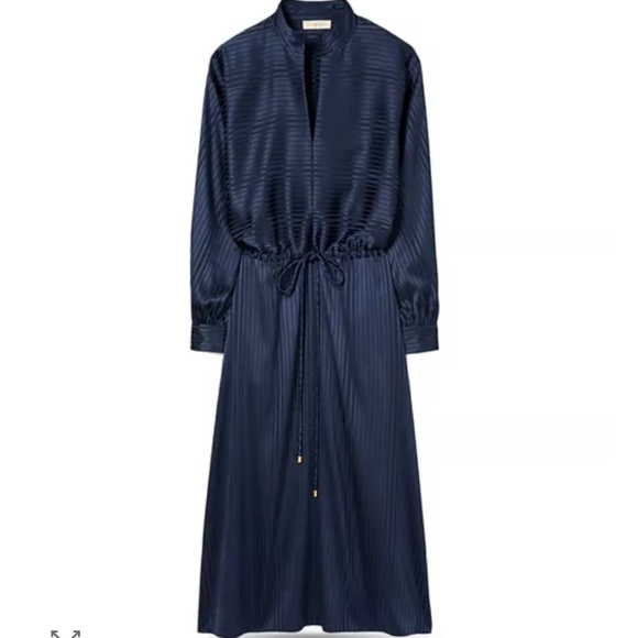 Tory Burch Dresses & Skirts - Stripe Long Sleeve Drawstring Silk Maxi Dress - Blue
